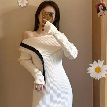 Biele Pletené Šaty Návrhára Ženy Jeseň Patchwork Sexy Štíhla Strany Mini Šaty Žena Elegantné Japončina Kórejčina Šaty Žien 2020 Nové