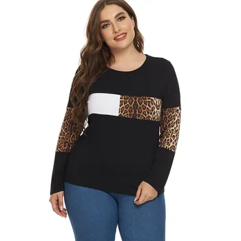 2020 Jeseň Ženy Dlhý rukáv Leopard panel T-shirt módne dámy Plus Veľkosť Dámske Topy