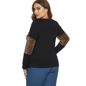2020 Jeseň Ženy Dlhý rukáv Leopard panel T-shirt módne dámy Plus Veľkosť Dámske Topy