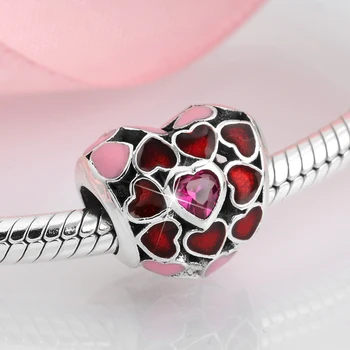 925 Sterling Silver Ružová Smalt Rose Červené CZ Srdce Guľôčky príslušenstvo Šperky čo fit Pôvodné Mikiwuu Kúzlo Náramok Ženy