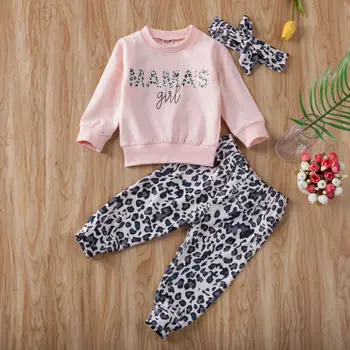 2021 Dieťa Dieťa Jarné Oblečenie Dievča 3ks List Topy Tričko Leopard Nohavice hlavový most Dlhý Rukáv Oblečenie Oblečenie