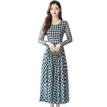 2021 Kórea Vintage Plus Veľkosť Midi Šaty Jeseň Zima Šifón Koberčeky Bežné Šaty Elegantné Ženy Plné Rukáv Strany Bodycon Vestido