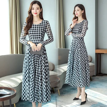 2021 Kórea Vintage Plus Veľkosť Midi Šaty Jeseň Zima Šifón Koberčeky Bežné Šaty Elegantné Ženy Plné Rukáv Strany Bodycon Vestido
