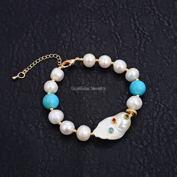 GuaiGuai Šperky White Pearl Modrá Tyrkysová Prírodného Kameňa Keshi Pearl Cz pripraviť Korálkový Náramok Extender 8