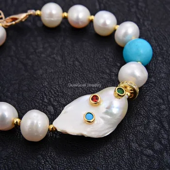 GuaiGuai Šperky White Pearl Modrá Tyrkysová Prírodného Kameňa Keshi Pearl Cz pripraviť Korálkový Náramok Extender 8