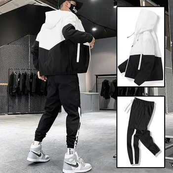 Dropshipping Patchwork Hip Hop Ležérne pánske Súpravy 2020 kórejský Štýl 2 Ks Súpravy Oblečenie Mužov Streetwear Fitness Mužov Tepláková súprava
