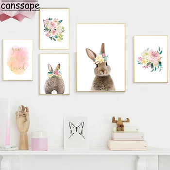 Kawaii Králik Chvost Plagát Vlastné Meno Múr Umenia Maľby Dieťa Bunny Plátno Tlačiť Ružový Kvet Stenu Obrázok, Škôlky Girl Izba Dekor
