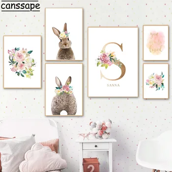 Kawaii Králik Chvost Plagát Vlastné Meno Múr Umenia Maľby Dieťa Bunny Plátno Tlačiť Ružový Kvet Stenu Obrázok, Škôlky Girl Izba Dekor