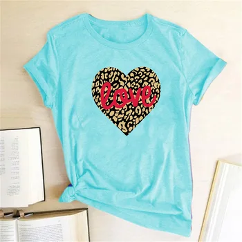 Ľúbostný List Leopard Tlač Srdce T Shirt Ženy Krátky Rukáv Príležitostné Letné Tričko Pár Láska Harajuku Topy Tees Camiseta Mujer