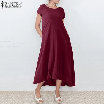 Dámske Bavlnené Sundress ZANZEA 2021 Elegantné Pevné Maxi Šaty Bežné Krátkym Rukávom Letné Vestidos Žena O Krk Šaty Plus Veľkosť