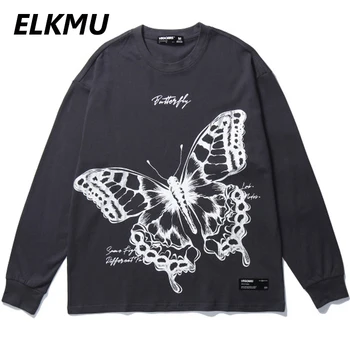 ELKMU Harajuku Motýľ Grafické Tlače Dlhý Rukáv T Košele, Mens Príležitostných Voľné Tričká Streetwear Módy Topy 2020 HE140
