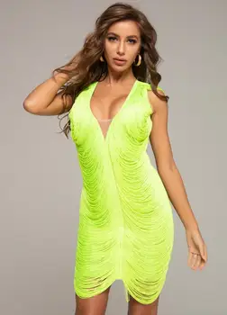 Rayon Obväz Šaty 2020 Ženy Lete Sexy V Krku Neon Zelená Strapec Dizajnér Elegantné Večerné Party Šaty Vestido