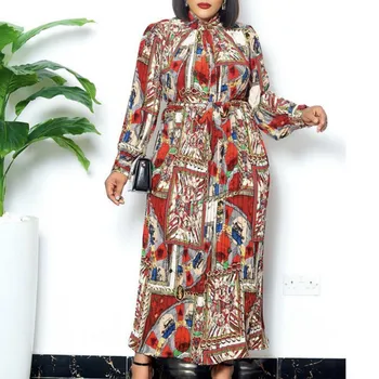Ženy Vytlačené Maxi Šaty Dlhé Rukávy Skladaný Vysoký Pás s Bowtie Golier Žena Vintage Kvetinový Afriky Módne Vestidos Nové