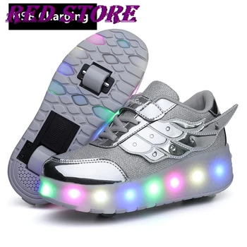 Nové kolesá USB Nabíjanie Fashion Dievčatá Chlapci LED Svetlo Valca Skate Topánky Pre Deti detský Tenisky S Kolesami Dvoch kolesách