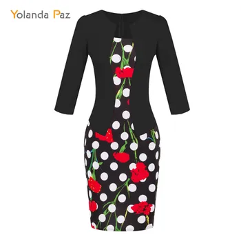 Yolanda Paz 2019 Nové Módne šaty Jar leto Štýl Faux Dve Kus Elegantné tlač Pol-Rukáv Ceruzka Ženy Šaty S-3XL