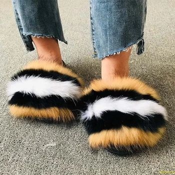 Ženy Fox Kožušiny Papuče Reálne Fox Kožušiny Ploché Načechraný Listov Domov Plyšové Chlpaté Papuče dámske Luxusné Topánky Letné Sandále Flip Flops