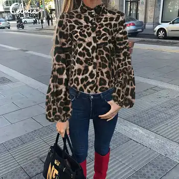 Celmia Ženy Leopard Tlač Topy 2021 Módy Blúzky, Jeseň Svietidla Rukáv Vysoký Golier Bežné Elegantné Úrad Práce Tričko Blusas