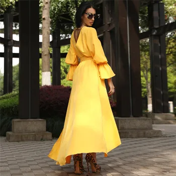 2018 Ženy Jeseň Sexy Šaty Strany Vintage Elegantné Ležérne Módne Žltá Maxi Šaty Plus Veľkosť