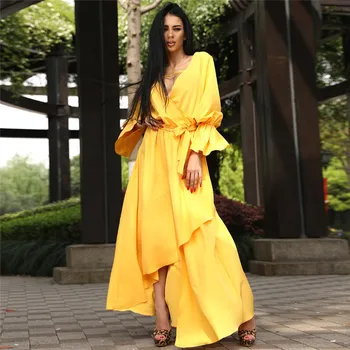 2018 Ženy Jeseň Sexy Šaty Strany Vintage Elegantné Ležérne Módne Žltá Maxi Šaty Plus Veľkosť