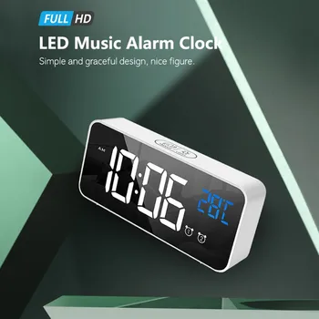 LED Zrkadlo Budík USB Nabíjateľné Zvukovo Aktivovaný Budík So Snooze Funkciou Nočná Hudba Hodiny Domov Dual Alarmy