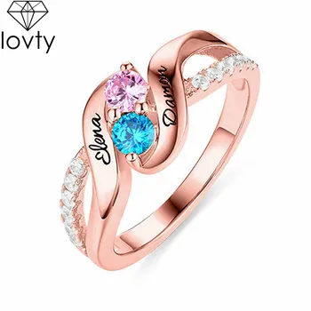 Lovty Osobné Promise Ring pre Ňu Ženy Dvojité Birthstones Zásnubné Prstene Mincový Striebro Meno Vyryté Krúžok pre Lady