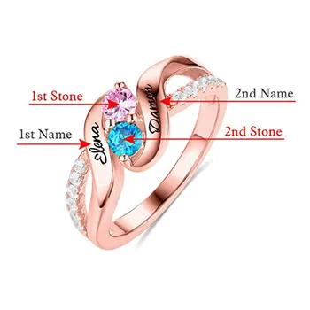Lovty Osobné Promise Ring pre Ňu Ženy Dvojité Birthstones Zásnubné Prstene Mincový Striebro Meno Vyryté Krúžok pre Lady