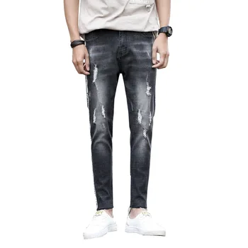 Jar leto roztrhlo otvory ceruzka jeans pánske kórejský trendy sivá mládež štíhle nohy, nohavice strane prekladané teenagerov kovboj pánske nohavice
