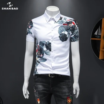 SHANBAO značky pánske krátke puzdre tričko 2020 letné nový luxusný vysoko kvalitný hodváb rose tlač nočný klub banquet slim tričko 19200