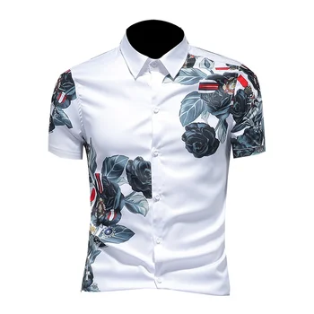 SHANBAO značky pánske krátke puzdre tričko 2020 letné nový luxusný vysoko kvalitný hodváb rose tlač nočný klub banquet slim tričko 19200
