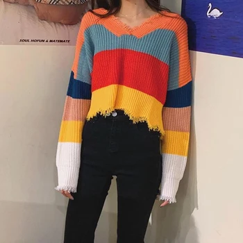 Jeseň Multi Color Blokovaný Ostrihané Sveter Ženy Zimné Hlboké V-neck Strapec Pruhované Pletených Pulóver Voľné Jumper Knitwear