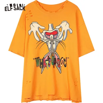 ELFSACK Harajuku Biela Karikatúra Tlačiť Bežné Ženy T-Shirts 2020 Lete ELF Čierne Krátke Rukáv kórejský Dievčenskú Orange Denne Roztomilý Čaj