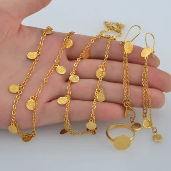 Anniyo Malé Mince, Šperky Set pre Dievčatá,Náhrdelníky Náušnice Náramok, Prsteň Zlatá Farba Arabských Klenotník Kovové Mince pre Deti #049706