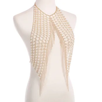Sexy luxusné imitácia perly duté Telo Šperky náhrdelník podprsenka reťazca korálky bikini kovové pearl strapec telo Šperky