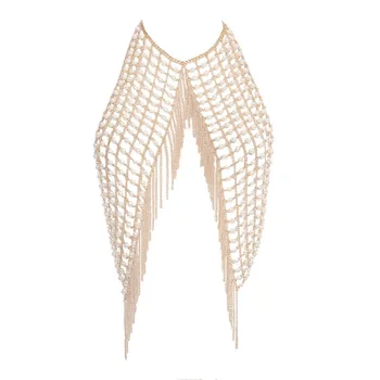 Sexy luxusné imitácia perly duté Telo Šperky náhrdelník podprsenka reťazca korálky bikini kovové pearl strapec telo Šperky