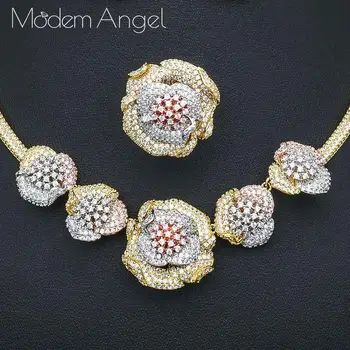 ModemAngel Módne Luxusné Super Boom Kvety Afrického Choker Šperky Sady Ženy, Svadobné Kubický Zirkón Dubaj Svadobné šperky Set