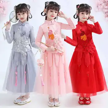 Dievčatá Čínsky Štýl, Oblečenie, Obleky Výšivky Top+Tylu Sukne 2ks Šaty Oblečenie Sady Víla Princezná Festival Vianočné Kostýmy
