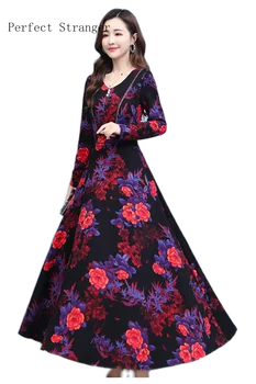 2020 Jeseň Nový Príchod Vysoko Kvalitný Elegantný V Golier Dlhý Rukáv Vytlačené Ženy Šifón Dlhé Šaty