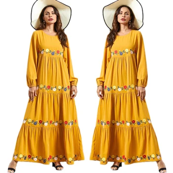 Žltá Výšivky Moslimských Žien Maxi Šaty Voľné Abaya Dubaj Party Šaty Dlhé Jilbab Kaftan Kaftane Islamské Oblečenie Arabských Župan Plus
