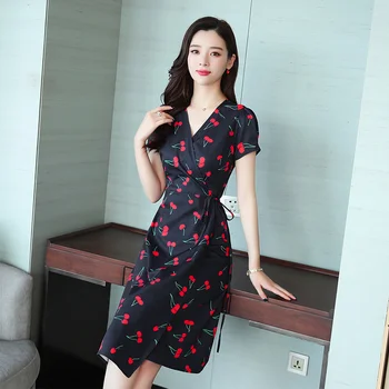 2021 Vintage Nové Plus Veľkosť Pláži Midi Šaty Letné Kórejský Boho Cherry Šifón Sexy Sundress Ženy Bodycon Strany Elegantné Vestidos