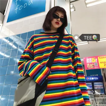 Ženy T-shirt Jar Roku 2020 Rainbow Prekladané Žena T-shirt Long Sleeve Harakuju Žena T-shirts Voľné Ženy Pulóver Topy
