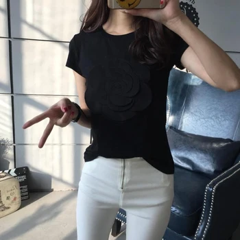 2018 Lete ženy o-krku krátky rukáv 3D kvetinovým tričko bavlnené tričko topy