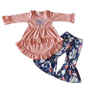 Módne Pekné Baby Dievčatá Zime Patria Boutique Oblečenie Roztomilé Ružové High-low Tunika Fox Top Kvetinový Bell Nohavice, Oblečenie Set sa RTS