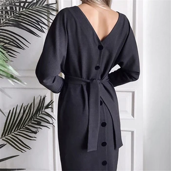 Letné Obväz Šaty 2019 Čierne Tlačidlo Hore Šaty Žien Streetwear Elegantný V Krku Šaty Dámy Maxi Šaty Kórejský Móda