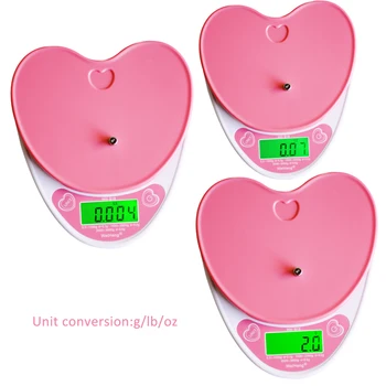 5 kg/1g Vysokou Presnosťou Kuchynské Váhy LCD Digitálna váha S Podsvietenie v tvare Srdca Potravín Ružová Elektronické Stupnice g/lb/oz