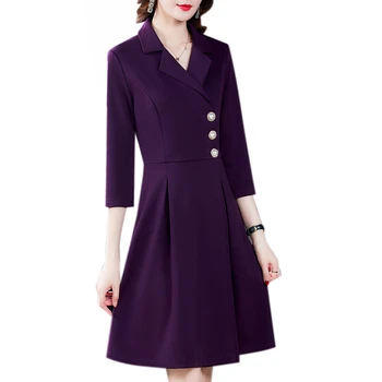 JiuMeiDai 2020 Ženy Jeseň A-Line Šaty Office Lady Elegantné Tlačidlo Dlhé Šaty Žena S Drážkou Fahion Strany Oblečenie Plus Veľkosť