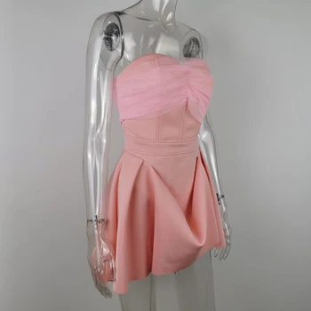 Karlofea Ženy Ružové Šaty Lovey A-line Celebrity Strany Sexy Šaty bez Ramienok Oka Patchwork Vestidos Nové Oblečenie, Oblečenie 2020
