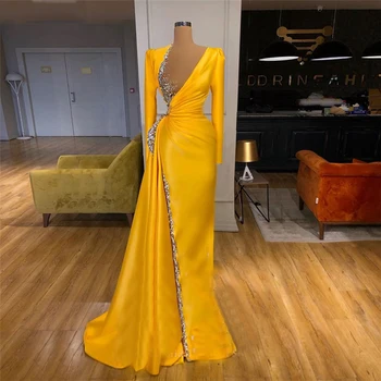 Prispôsobiť Žlté Zlato Satin Arabčina Večerné Šaty Crystal Dlhý Rukáv Elegantné Prom Šaty Plus Ženy Veľkosti Zvláštne Príležitosti Šaty