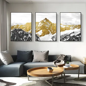 Moderné Zlato Snehu Horskej Krajiny Plagát Plátno na Maľovanie na Stenu Art Tlač Obrázkov Obývacia Izba Nad Gauč Interiér Domova