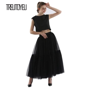 Treutoyeu Dizajn Luxusné Skladaný Tylu Sukne Čierna Sivá Mäkké Oka Vysoký Pás Maxi Dlhé Sukne Dámske Faldas Mujer Moda 2020 Jupe