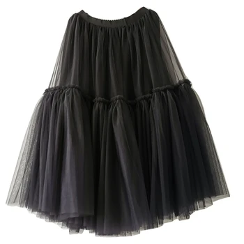 Treutoyeu Dizajn Luxusné Skladaný Tylu Sukne Čierna Sivá Mäkké Oka Vysoký Pás Maxi Dlhé Sukne Dámske Faldas Mujer Moda 2020 Jupe